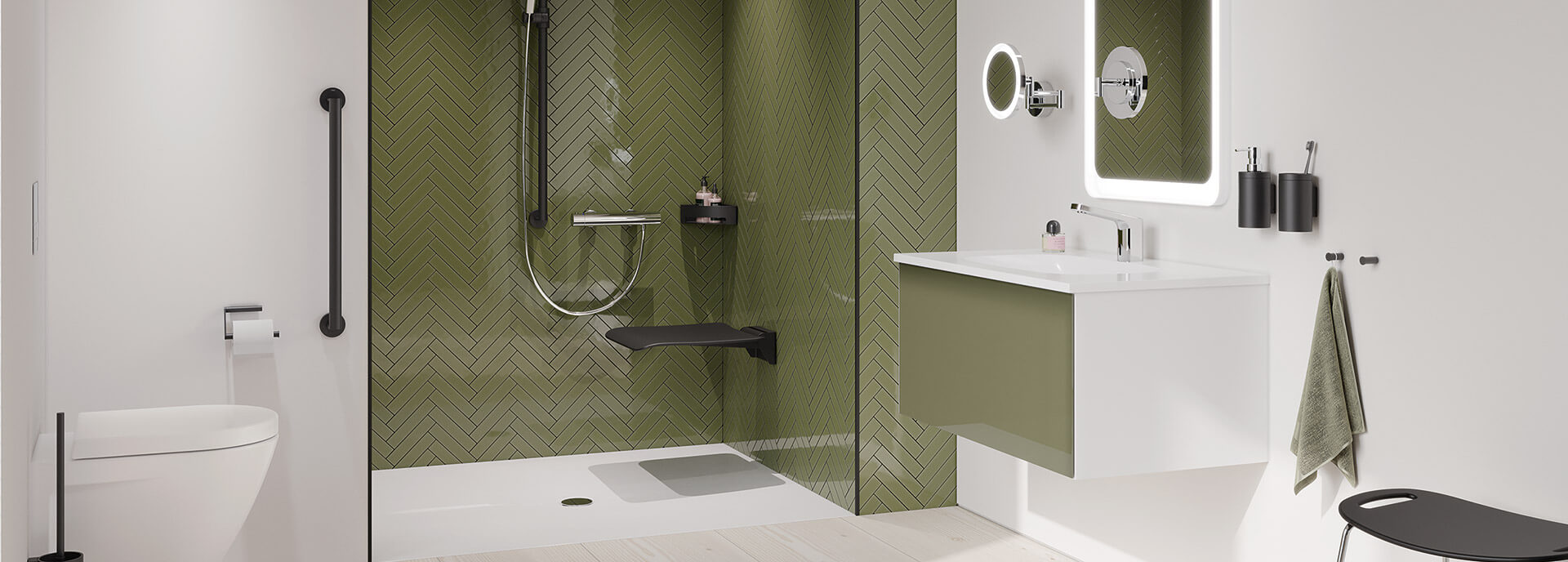 Badezimmer in Weiß und Olivgrün mit Sitzmöglichkeit in der Dusche