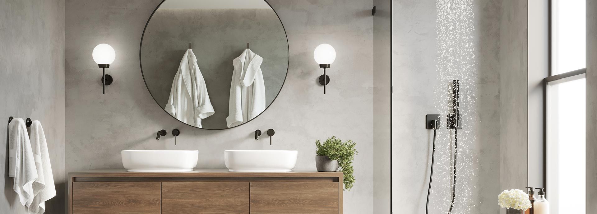 Moderne Badgestaltung Foto von einem modernen Bad mit Doppelwaschtisch aus Holz, runder Spiegel, bodengleiche Dusche und Wänden in Betonoptik.