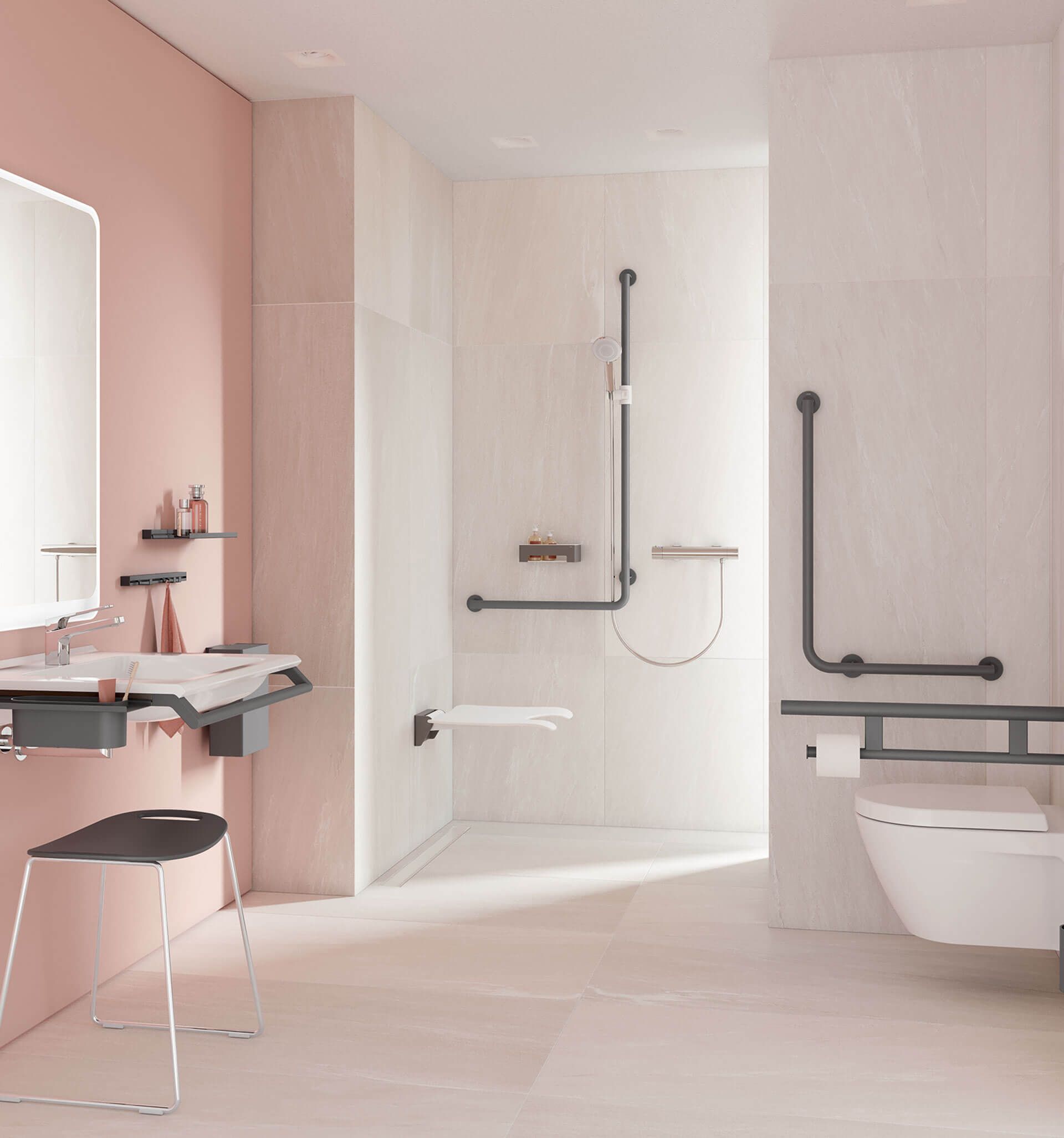Barrierefreies Badezimmer in Rosa und Beige mit Haltegriffen, Duschsitz und unterfahrbarem Waschtisch.