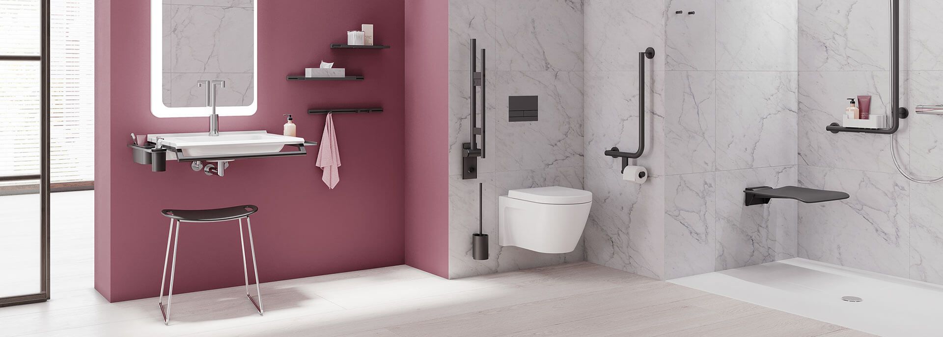 Barrierefreies Badezimmer in Pink Barrierefreies Badezimmer in Pink und Weiß mit schwarzem Zubehör und unterfahrbarem Waschtisch.