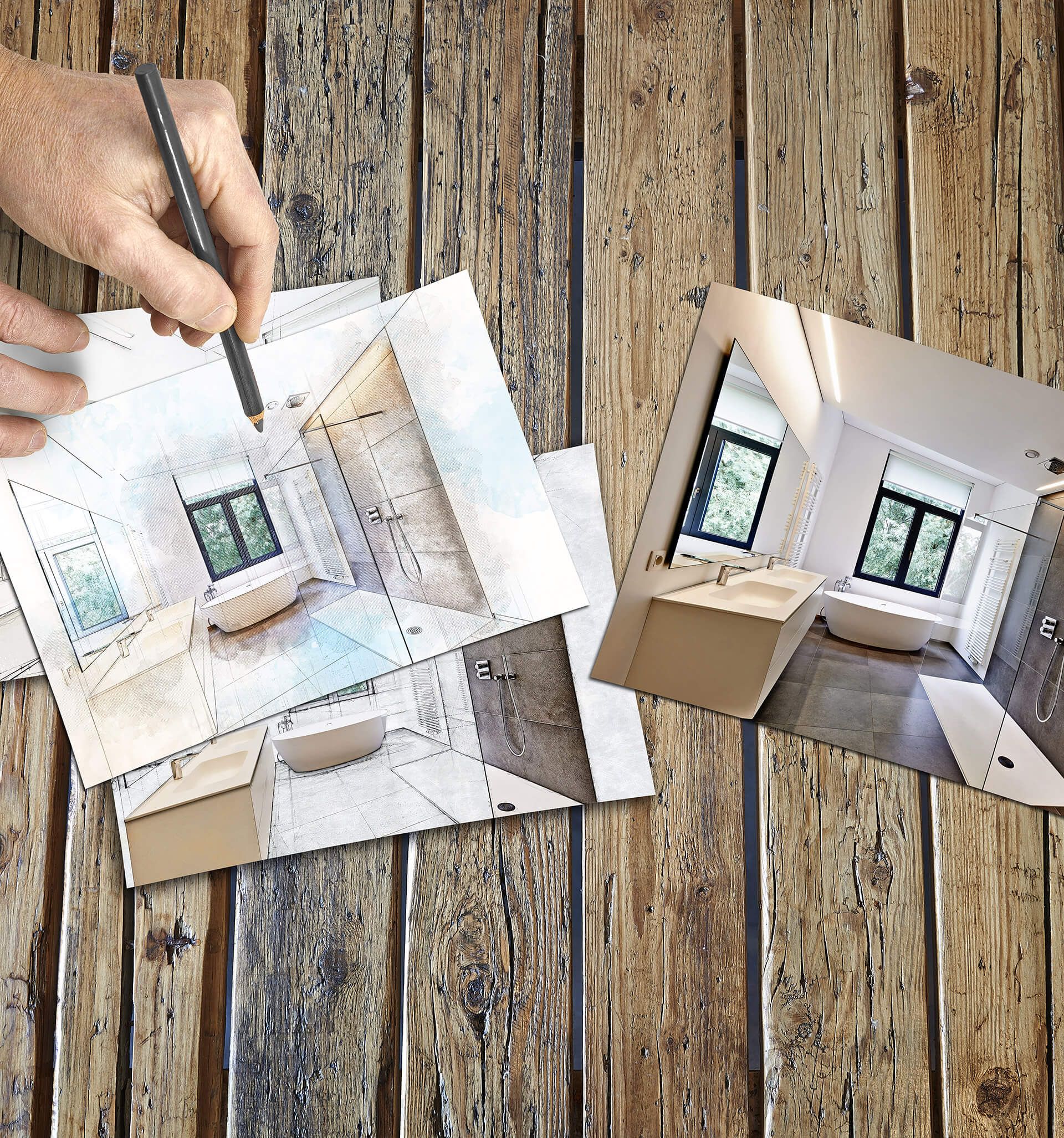 Hand zeichnet einen Badezimmer-Grundriss auf Skizzen und Fotos.